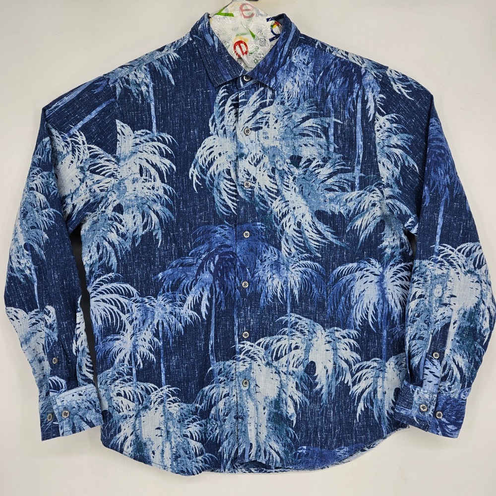 Tommy Bahama Shirt Mens Large Button Up Long Sleeve Blue Linen Blend Palm Trees